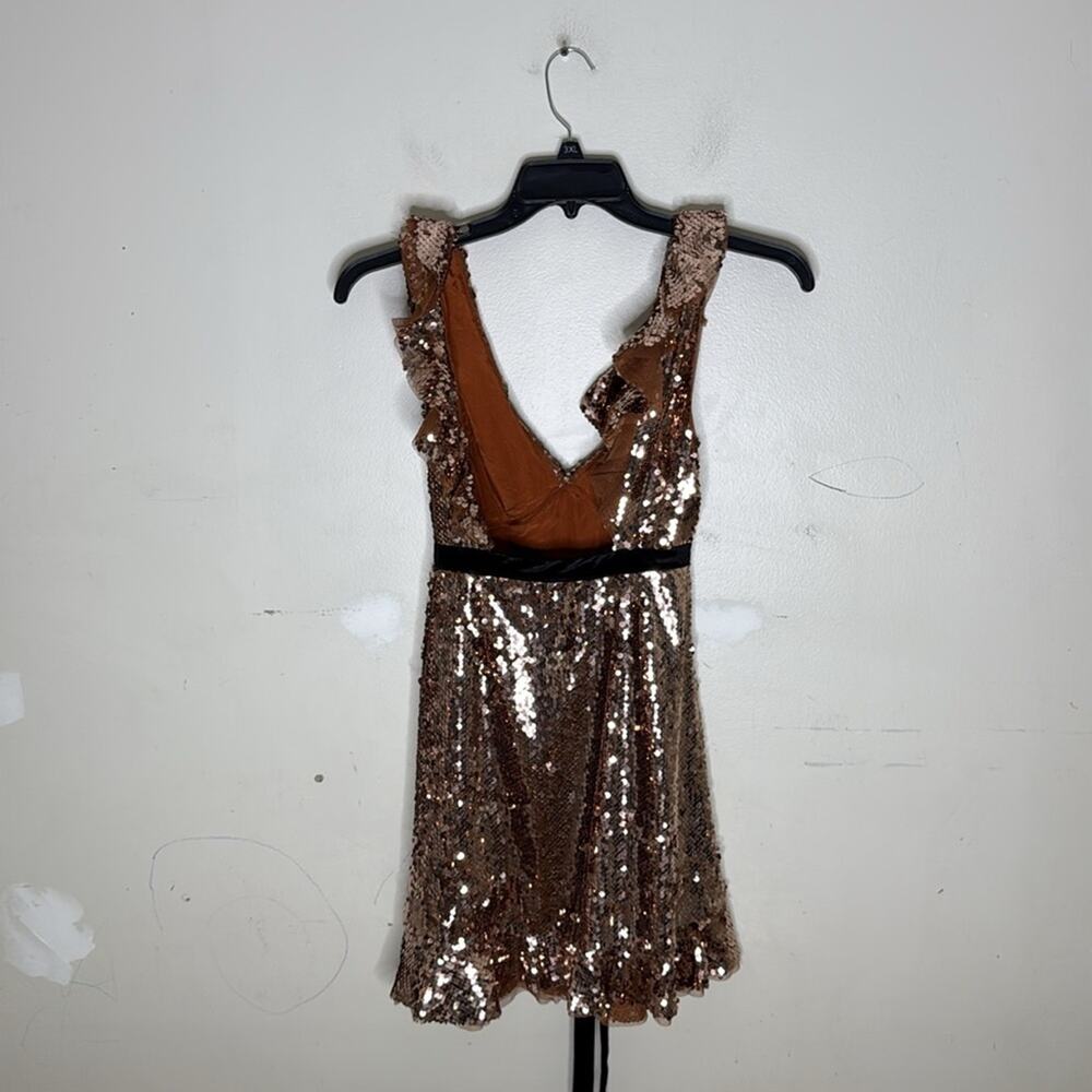 Free People Tribeca Bronze Sequin Ruffle Detail Black Ribbon Dress Small NEW! - Picture 4 of 5